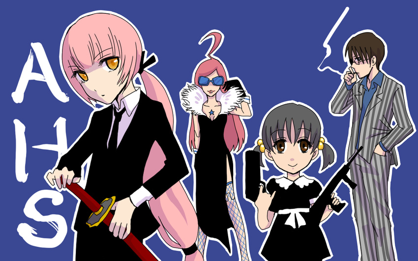 3girls alternate_costume dress formal glasses hiyama_kiyoteru kaai_yuki katana long_hair morioka_wankosoba multiple_girls nekomura_iroha sf-a2_miki smoking suit sunglasses sword very_long_hair vocaloid weapon