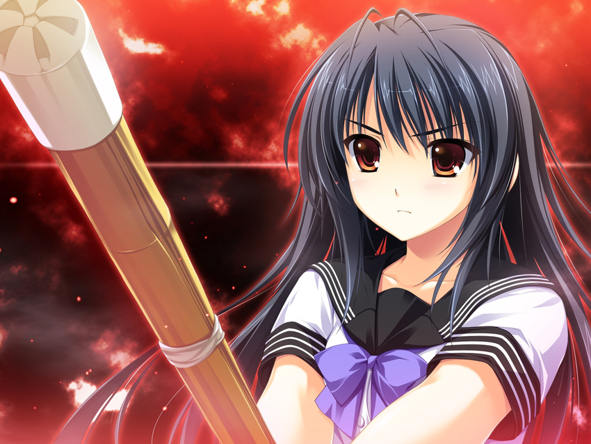 black_hair brown_eyes game_cg kourin_no_machi_lavender_no_shoujo long_hair red seifuku tagme weapon