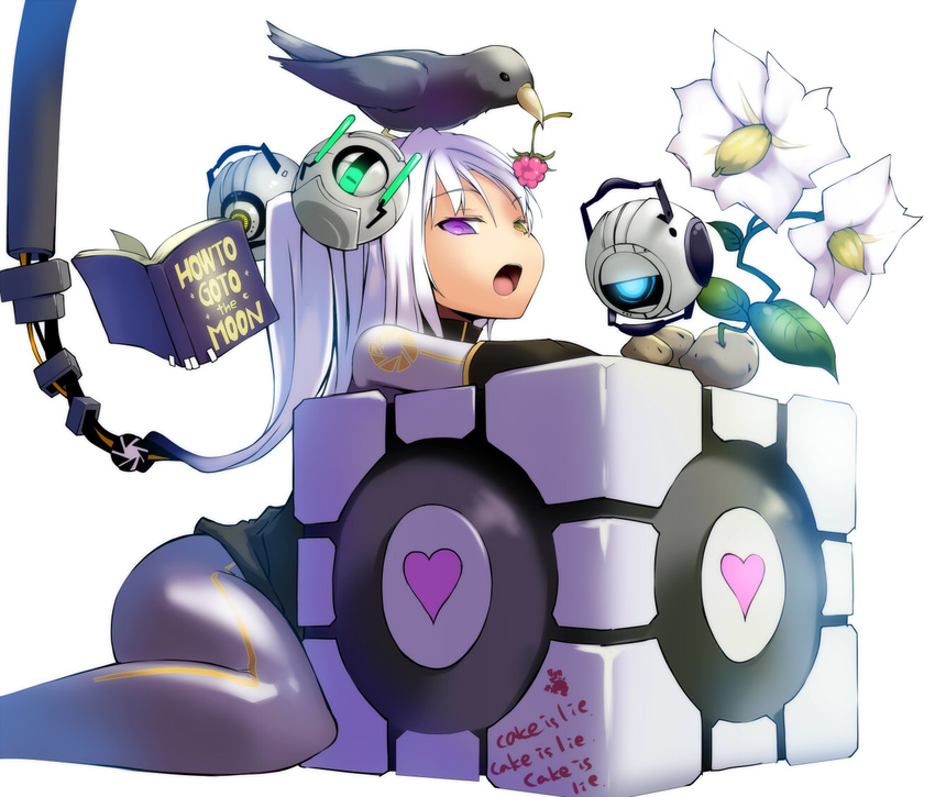 adventure_core ass atahuta berry bird black_gloves bodysuit book cable commentary_request elbow_gloves flower glados gloves heart heterochromia long_hair open_book open_mouth personality_core personification portal portal_(series) portal_2 potato purple_eyes raven_(animal) sitting space_core wariza weighted_companion_cube wheatley white_hair yellow_eyes