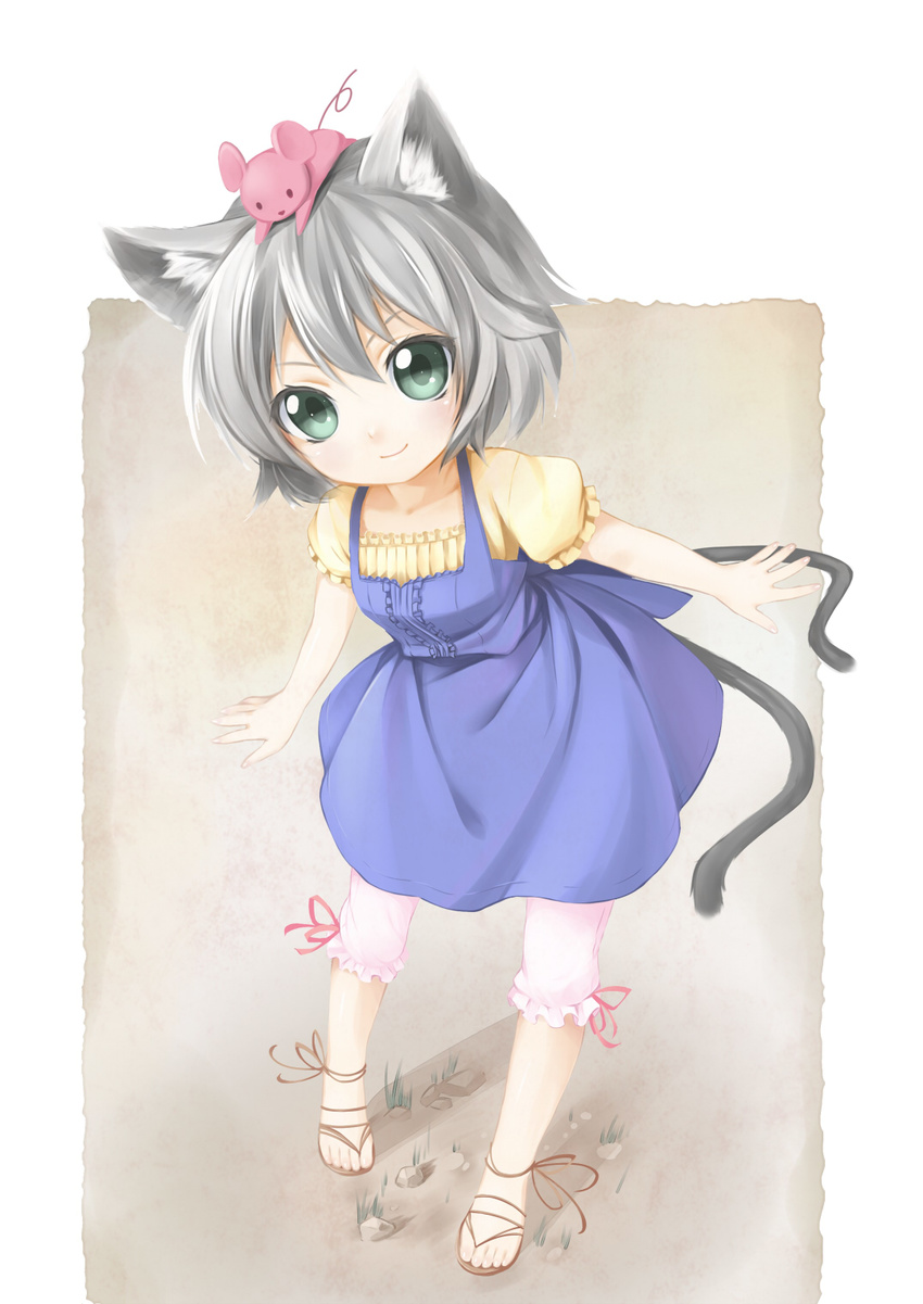 animal_ears bad_id bad_pixiv_id bloomers cat_ears cat_tail dress french_maid full_body green_eyes highres mouse multiple_tails on_head original sandals smile solo tail underwear