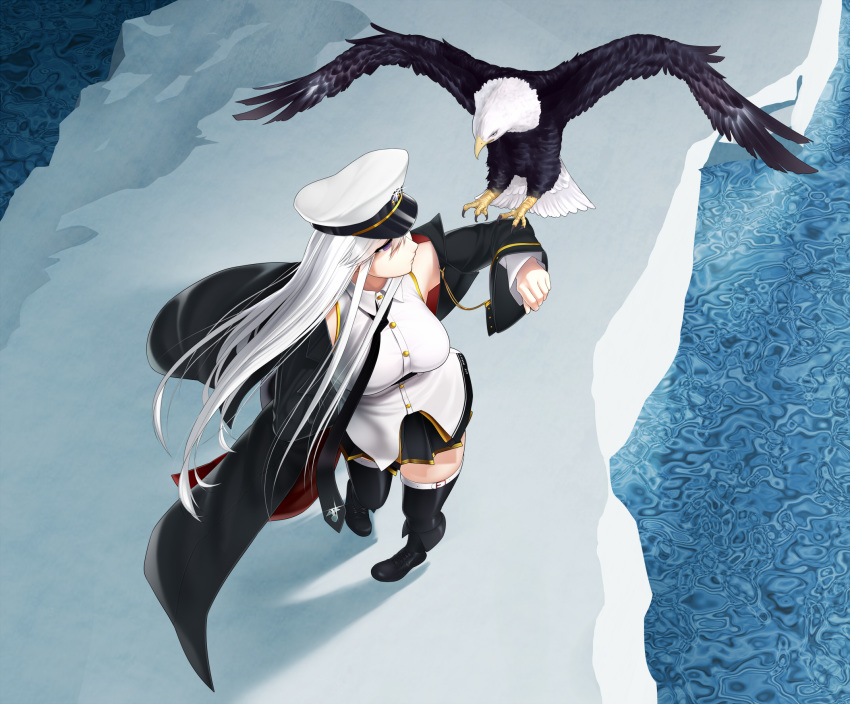 azur_lane baiyin bald_eagle belt bird black_belt black_coat black_neckwear coat collared_shirt eagle enterprise_(azur_lane) eyebrows_visible_through_hair hat highres military military_hat miniskirt necktie open_clothes open_coat peaked_cap perspective purple_eyes shirt silver_hair skirt sleeveless sleeveless_shirt underbust white_hat