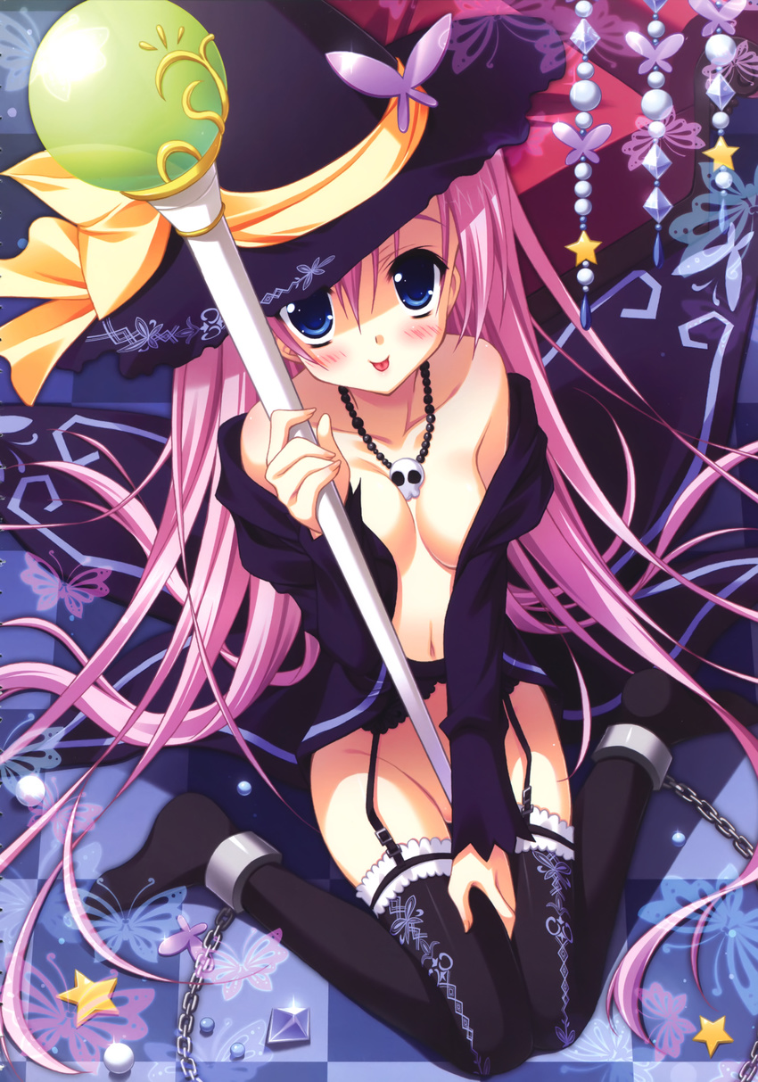 1girl :p absurdres ankle_cuffs bdsm bondage bottomless bound butterfly chain chains character_request copyright_request garter_belt hat highres jewelry kneeling long_hair moribe_(rabumanyo) necklace no_bra no_panties no_shoes open_clothes open_shirt pink_hair shirt sitting skull solo staff star thighhighs tongue tongue_out wariza witch witch_hat