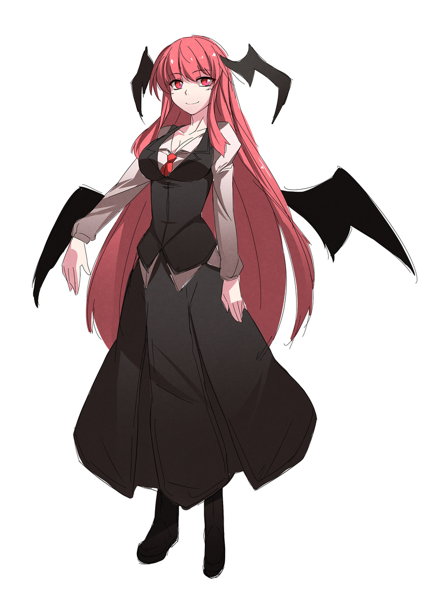 absurdres bat_wings black_skirt breasts cleavage dress dress_shirt full_body head_wings highres impossible_clothes impossible_shirt koakuma long_hair long_skirt long_sleeves medium_breasts necktie red_eyes red_hair shirt shoes simple_background sketch skirt skirt_set smile solo touhou very_long_hair vest wings yamane_akira