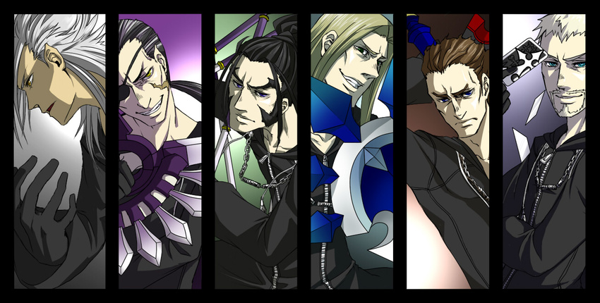 axe beard black_coat_(kingdom_hearts) black_hair blonde_hair blue_eyes brown_hair card cloak dark_skin dark_skinned_male doyamatsu eyepatch facial_hair falling_card gloves green_eyes grey_hair holding holding_card kingdom_hearts lexaeus long_hair luxord male_focus multiple_boys pointy_ears ponytail purple_eyes scar shield silver_hair vexen weapon xaldin xemnas xigbar yellow_eyes