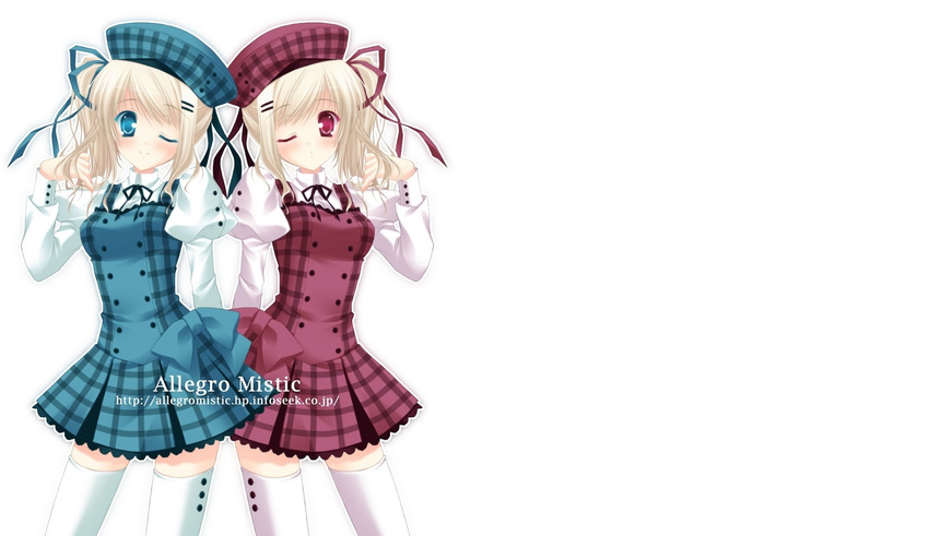 2girls allegro_mistic blonde_hair blue_eyes hat original photoshop red_eyes ribbons skirt thighhighs twins watermark wink