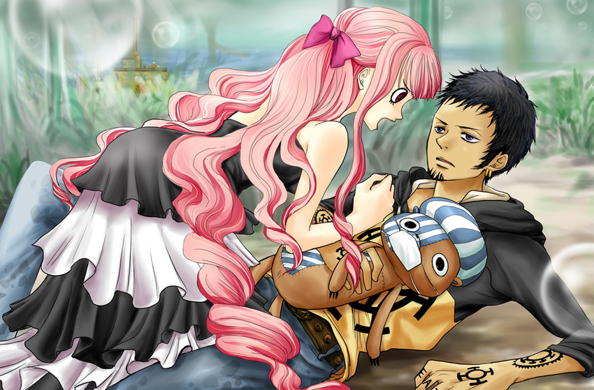 1girl bad_id bad_pixiv_id bare_shoulders black_hair bow bubble dress drill_hair earrings facial_hair frilled_dress frills hair_bow jewelry kumacy long_hair no_hat no_headwear one_piece open_mouth perona pink_hair puchiri raglan_sleeves red_eyes short_hair stuffed_animal stuffed_toy submarine surgical_mask tattoo trafalgar_law twintails very_long_hair watercraft