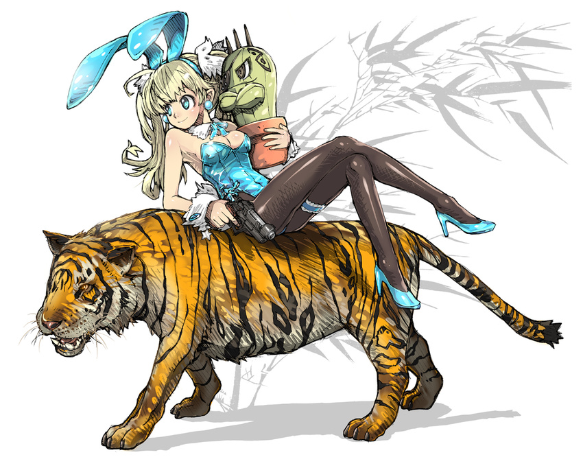 animal_ears black_legwear blonde_hair blue_eyes breasts bunny_ears bunnysuit cactus cleavage crossed_legs detached_collar earrings fake_animal_ears gun hairband haku_(sabosoda) handgun high_heels jewelry leg_garter long_hair medium_breasts original pantyhose shadow shoes sitting sitting_on_animal solo tiger weapon wrist_cuffs