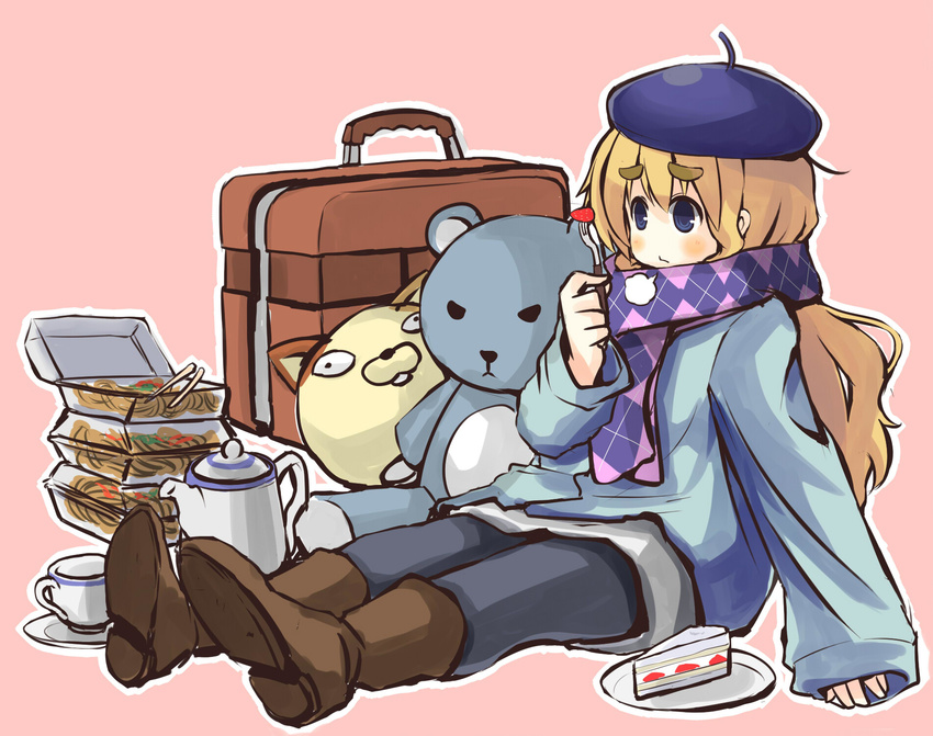 :/ argyle argyle_scarf beret blonde_hair blue_eyes blush boots brown_footwear cake chopsticks cup doll eyebrows food fork fruit full_body hat highres holding holding_fork jacket k-on! k-on!_movie kotobuki_tsumugi long_hair long_sleeves luggage noodles pants pink_background plate purple_scarf saucer scarf shoe_soles shouma_keito simple_background sleeves_past_wrists slice_of_cake solo strawberry stuffed_animal stuffed_toy suitcase sweatshirt takeout_container teacup teapot teddy_bear thick_eyebrows winter_clothes