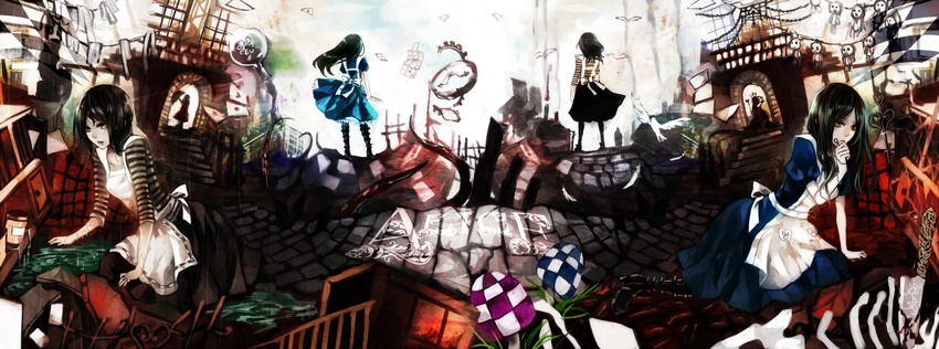 alice:_madness_returns alice_(wonderland) apron apt bird black_hair bow card chin_rest dress falling_card floating_card from_behind grass green_eyes highres kneeling knife long_hair multiple_persona mushroom playing_card standing striped tears