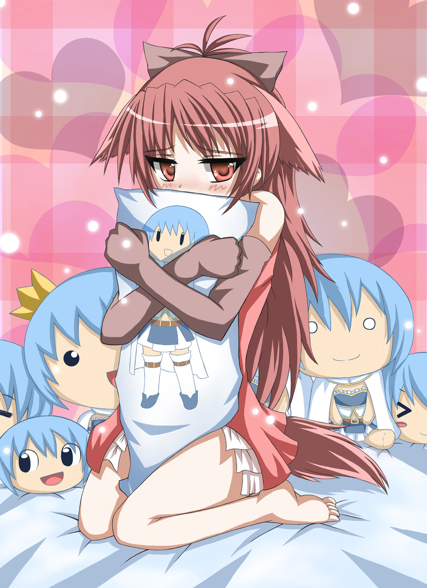 absurdres animal_ears barefoot blue_hair blush character_doll dakimakura_(object) greenteaneko heart highres mahou_shoujo_madoka_magica miki_sayaka pillow pillow_hug red_eyes red_hair sakura_kyouko sitting solo tail wariza