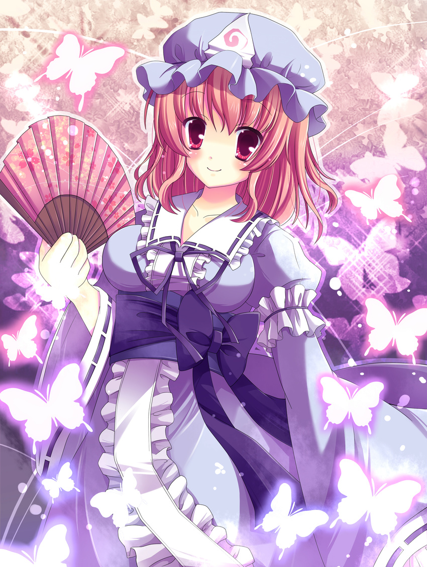 absurdres bad_id bad_pixiv_id breasts bug butterfly fan folding_fan ghost hat highres insect japanese_clothes medium_breasts muku_(apupop) obi pink_eyes pink_hair saigyouji_yuyuko sash short_hair smile solo touhou triangular_headpiece