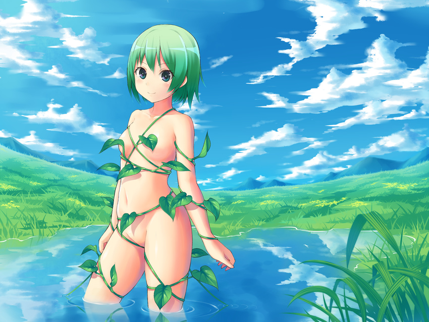 alcohol_(coldfront) bad_id bad_pixiv_id blue_eyes blush censored cloud convenient_censoring day flat_chest green_hair groin leaf looking_at_viewer nature navel nude original outdoors plant reflection short_hair sky smile solo vines wading water