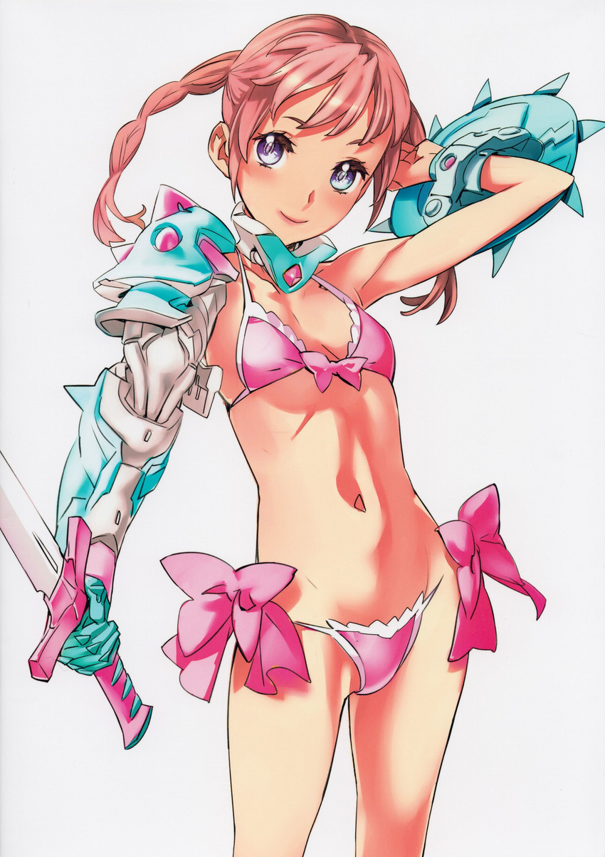 absurdres bikini braid buckler cover cover_page doujin_cover doujinshi front-tie_top gauntlets highres light_smile looking_at_viewer nishieda non-web_source original pink_bikini pink_hair purple_eyes shield side-tie_bikini solo swimsuit sword twin_braids weapon white_background