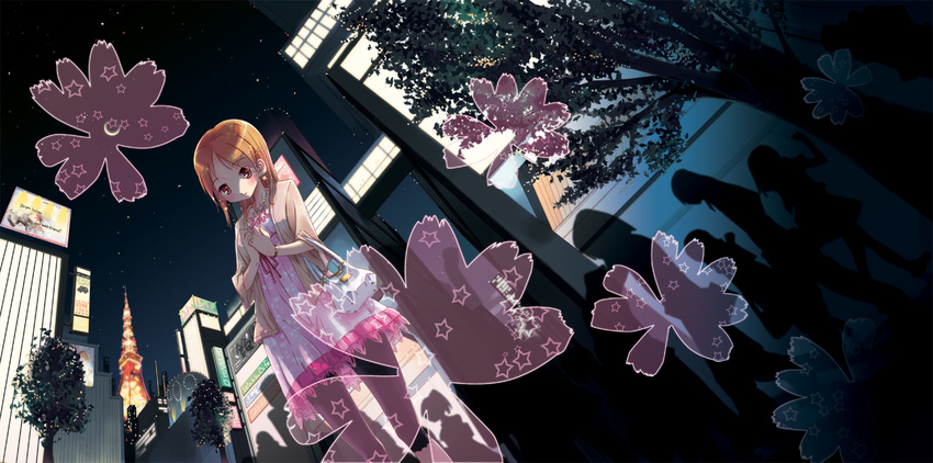 bag bracelet brown_hair cardigan city dress earrings hair_ornament hairclip handbag highres jewelry nagisa_honoka night original pants sky solo star_(sky) starry_sky tree