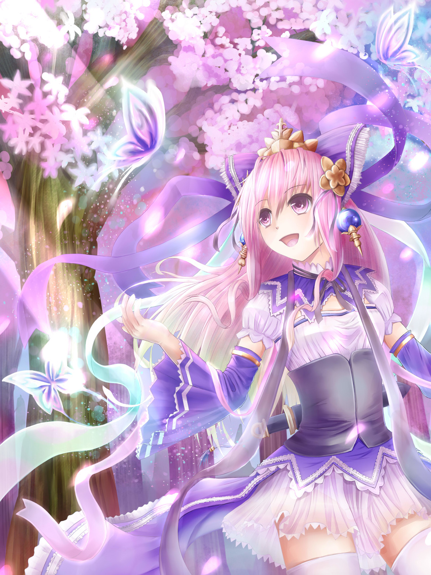 absurdres bow hair_bow hair_ornament hair_ribbon highres long_hair noe_noel open_mouth pink_eyes pink_hair purple_eyes ribbon sangokushi_taisen smile solo weapon xiao_qiao