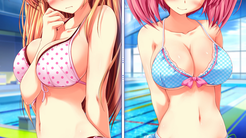 arms_behind_back bare_shoulders between_breasts bikini blonde_hair blurry blush bow breasts cleavage collarbone depth_of_field front-tie_top game_cg hand_between_breasts hayase_manami head_out_of_frame himekawa_fuuka indoors kamikaze_explorer! lane_line large_breasts long_hair multiple_girls navel oshiki_hitoshi pink_bow pink_hair polka_dot polka_dot_bikini polka_dot_swimsuit pool poolside short_hair sideboob smile starting_block strap_gap swimsuit underboob