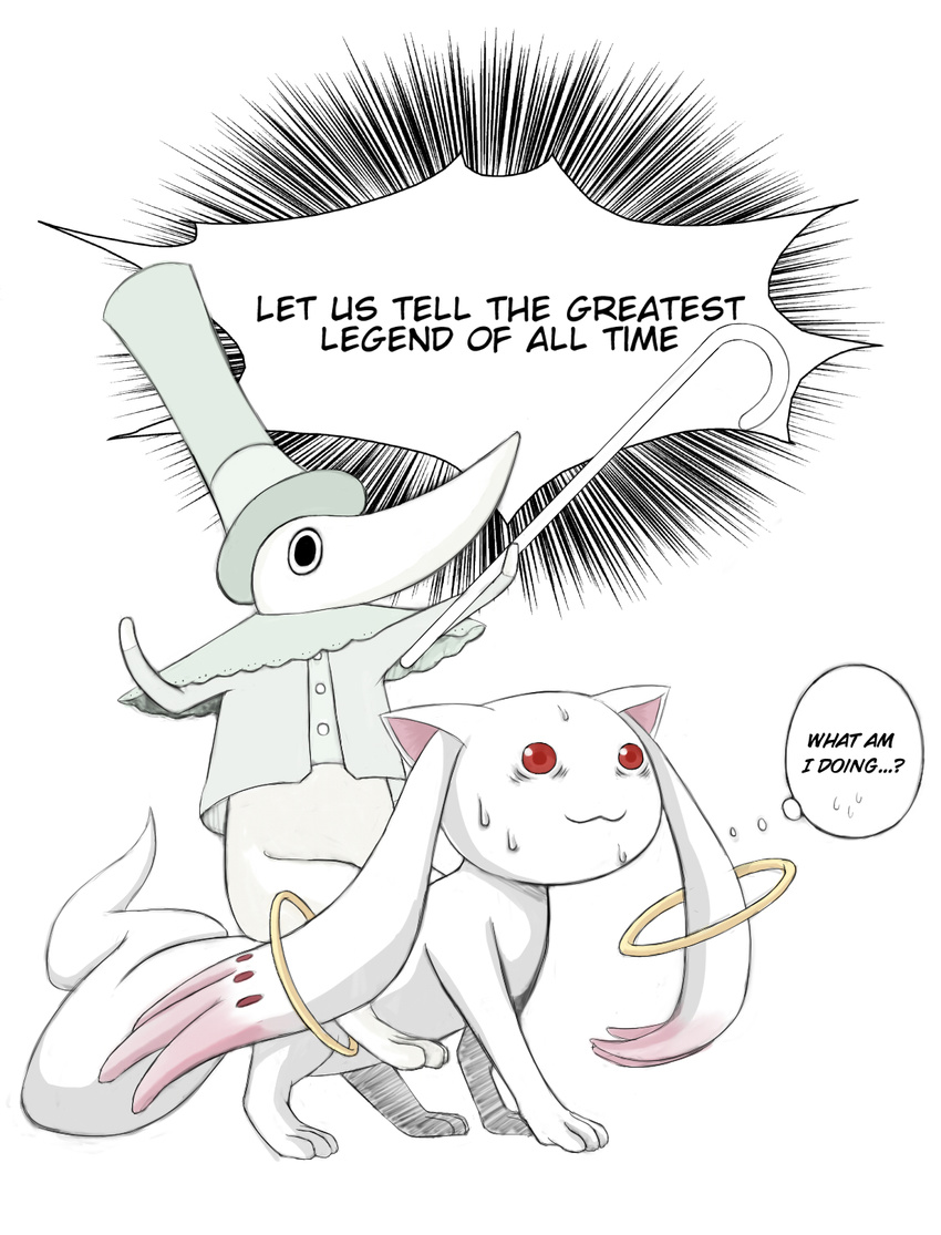 crossover drawfag english excalibur_(soul_eater) hat highres kyubey mahou_shoujo_madoka_magica no_humans red_eyes riding soul_eater top_hat