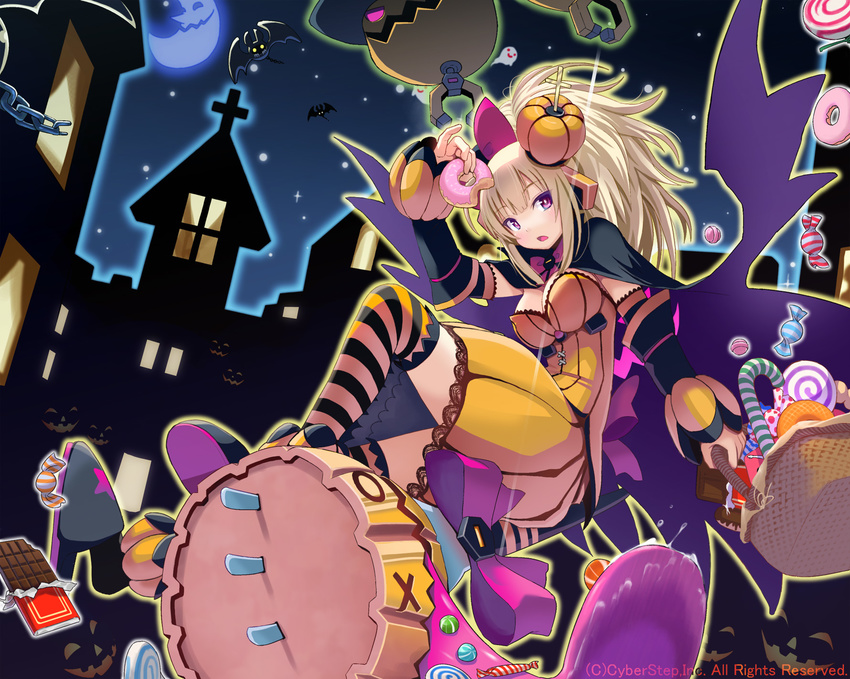 blonde_hair candy candy_cane cape chocolate cosmic_break crescent_moon detached_sleeves doughnut food food_themed_hair_ornament hair_ornament halloween highres holding holding_food jack-o'-lantern moon morizo_cs pepo_pucchi ponytail pumpkin pumpkin_hair_ornament purple_eyes ribbon solo thighhighs
