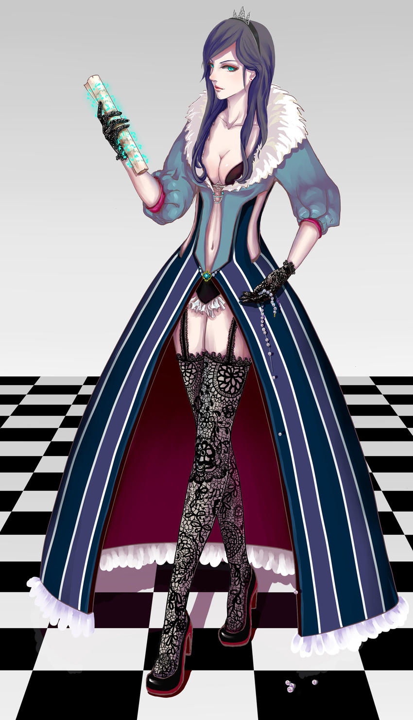 aqua_eyes bad_id bad_pixiv_id black_hair black_legwear breasts broken checkered checkered_floor cleavage collarbone dress earrings eyeliner fur_trim garter_straps gloves hairband high_heels highres jewelry lace lace_gloves lace_legwear lips long_hair long_legs makeup medium_breasts navel nd_(nodie) necklace pixiv_fantasia pixiv_fantasia_wizard_and_knight scroll shoes solo standing thighhighs