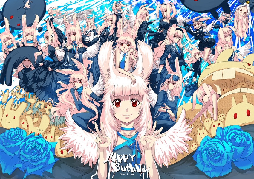 :&lt; :q ;d absurdres animal_ears bad_id bad_pixiv_id baseball_bat blue_flower blue_rose blue_skirt bunny bunny_ears closed_eyes dress elbow_gloves eyewear_on_head face flower glasses gloves hair_ornament hairband hands happy_birthday highres japanese_clothes kimono large_wings long_hair long_skirt multiple_girls nail nail_bat necktie one_eye_closed open_mouth original pink_hair realmbw red_eyes rose skirt sleeveless smile sunglasses tongue tongue_out v watch wings wristwatch