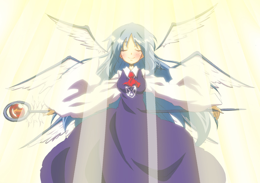 ascot blue_dress blue_hair blush closed_eyes cross dress eyebrows_visible_through_hair graphite_(medium) highres holding holding_staff light long_hair long_sleeves madare-rin mixed_media multiple_wings outstretched_arms peaceful red_neckwear sariel shirt simple_background sleeveless sleeveless_dress smile solo staff sunlight touhou touhou_(pc-98) traditional_media very_long_hair white_shirt wings
