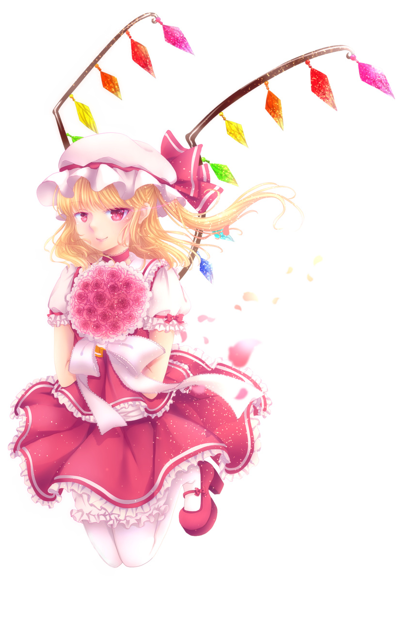 bad_id bad_pixiv_id blonde_hair bloomers bouquet choker flandre_scarlet floating_hair flower frilled_skirt frilled_sleeves frills hat hat_ribbon hibaarborvitae highres miniskirt pantyhose petals pink_eyes red_skirt ribbon rose short_hair short_sleeves side_ponytail skirt skirt_set slit_pupils solo striped striped_skirt touhou underwear wind wings