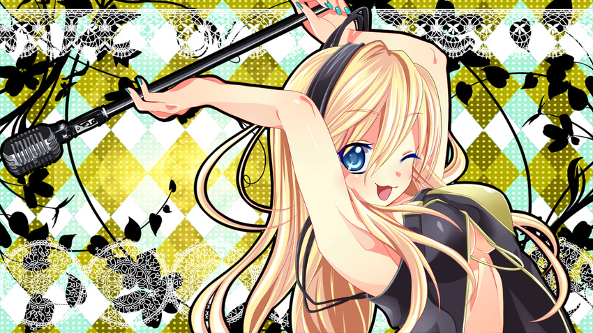 :3 armpits bad_id bad_pixiv_id blonde_hair blue_eyes cable flapper_shirt lily_(vocaloid) long_hair microphone microphone_stand one_eye_closed open_mouth shirt smile solo toki_(241759) vocaloid