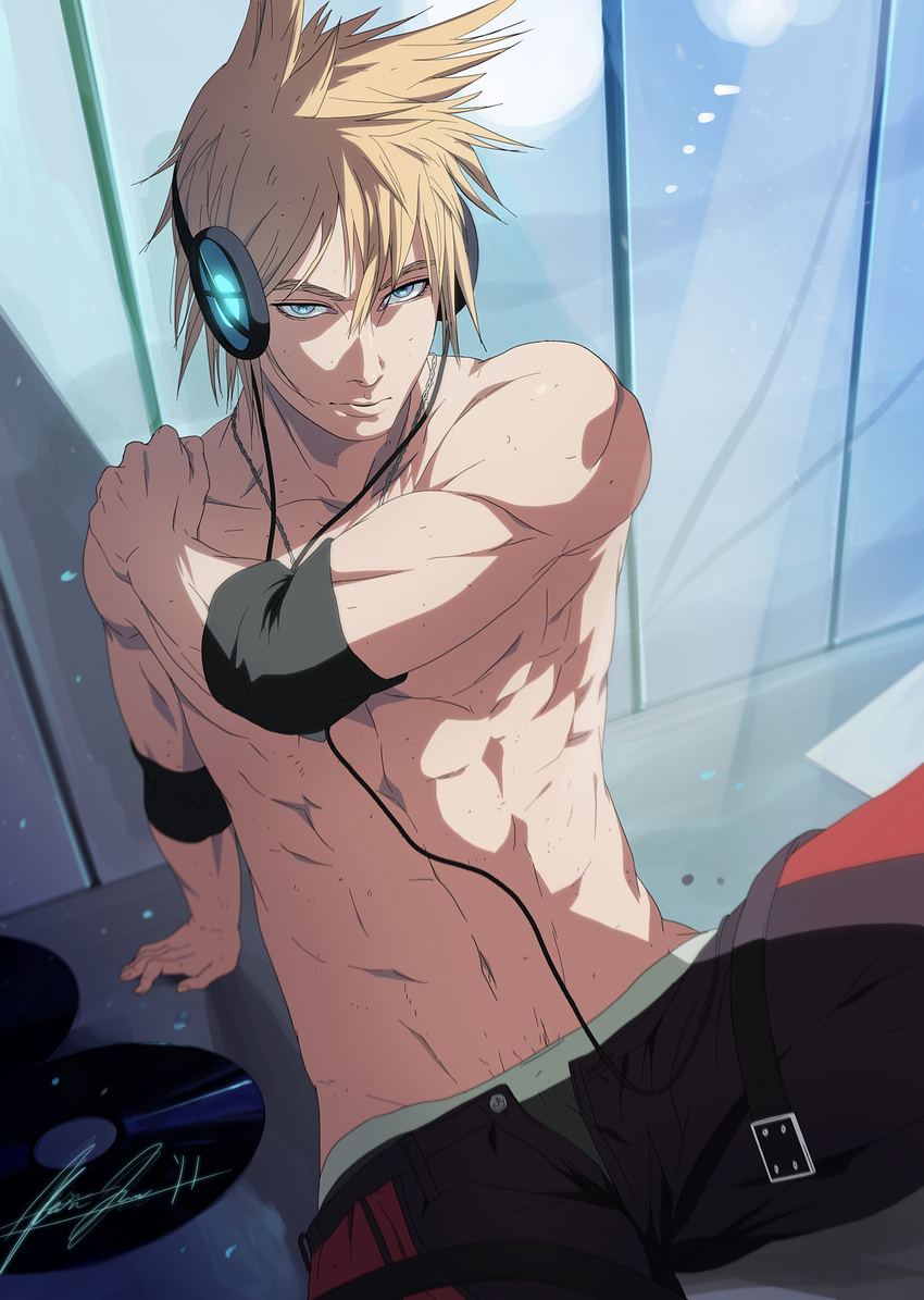 abs absurdres blonde_hair blue_eyes boxers elbow_pads headphones highres male_focus male_underwear manly mazjojo mazo_xeysbulc md5_mismatch muscle navel older record shirtless signature solo unbuttoned underwear