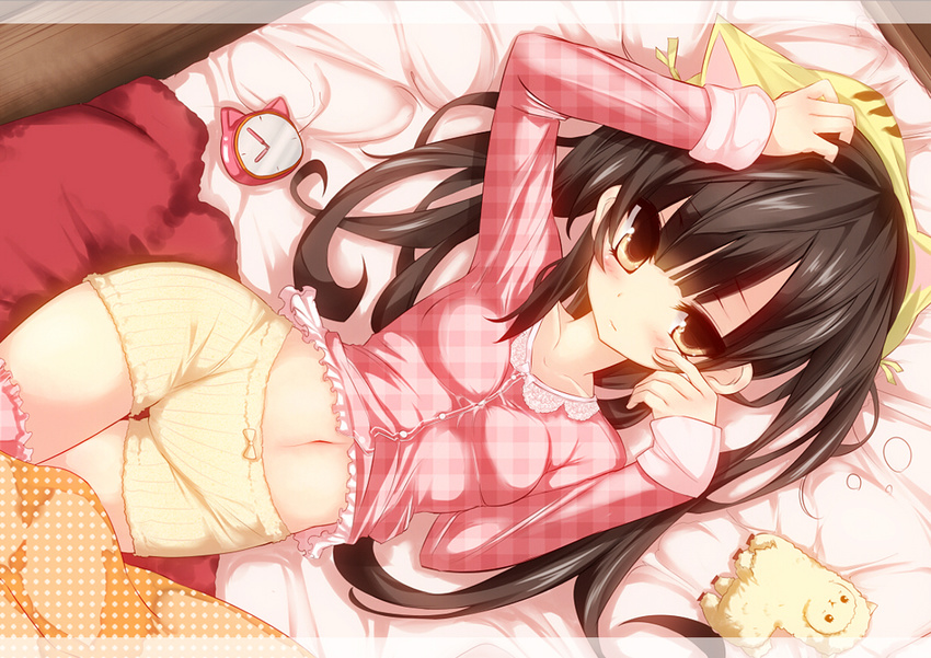 animal_ears animal_hat arm_up bad_id bad_pixiv_id bangs banned_artist bed black_hair blanket blunt_bangs blush bow boxer_briefs breasts cat_hat clock cowboy_shot dutch_angle fake_animal_ears frills from_above hand_on_own_head hat indoors lace letterboxed long_hair long_sleeves looking_at_viewer lying male_underwear midriff navel on_back on_bed orange_eyes original pajamas pants pants_pull plaid polka_dot revision shirt shugami sleeve_cuffs small_breasts solo stuffed_alpaca stuffed_animal stuffed_toy thigh_gap underwear wooden_floor