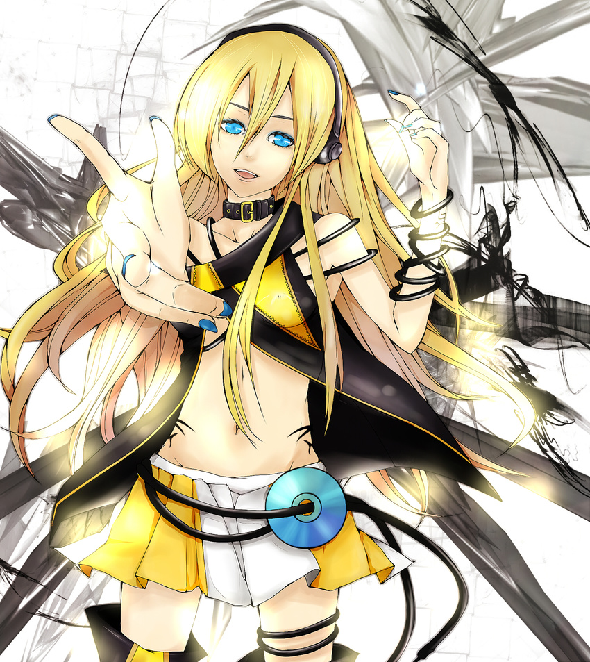 blonde_hair blue_eyes cable cd collar flapper_shirt headphones highres lily_(vocaloid) long_hair midriff miniskirt nail_polish navel open_mouth origa pleated_skirt shirt skirt smile solo vocaloid yellow_skirt