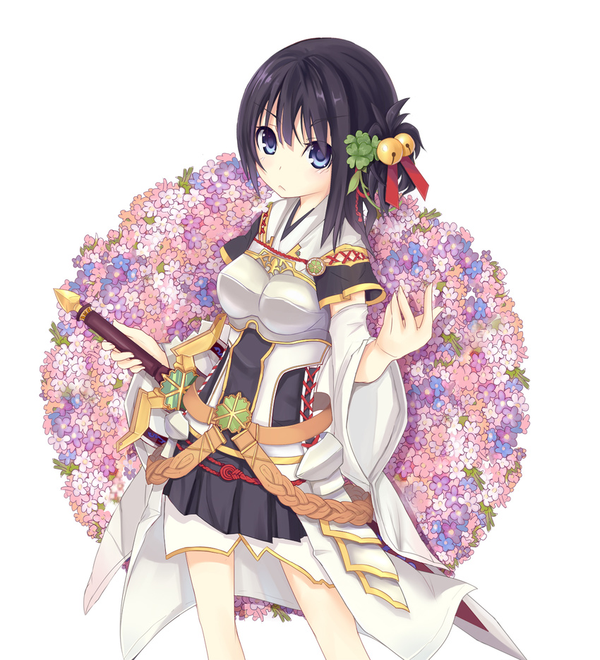 armor bad_id bad_pixiv_id bell belt black_hair blue_eyes breasts detached_sleeves flower frown hair_bell hair_ornament highres icywood jingle_bell medium_breasts pixiv_fantasia pixiv_fantasia_wizard_and_knight short_hair solo sword weapon