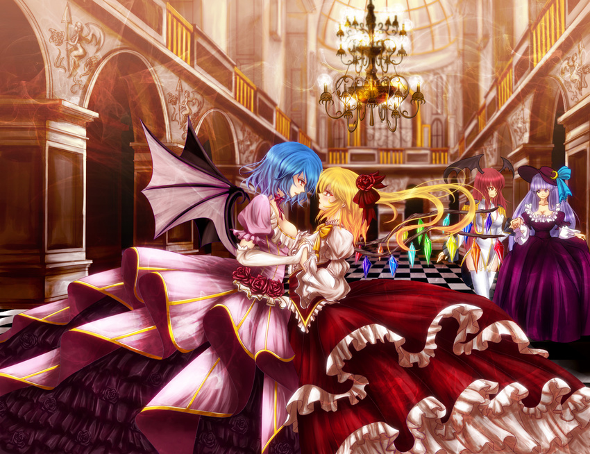 alternate_costume arch bat_wings blonde_hair blue_hair blurry blush bow breasts chandelier checkered checkered_floor crescent depth_of_field dome dress epaulettes flandre_scarlet flower frills garters hat hat_bow head_wings highres holding_hands interlocked_fingers koakuma long_hair medium_breasts multiple_girls no_hat no_headwear older patchouli_knowledge perspective ponytail purple_eyes purple_hair red_eyes red_flower red_hair red_rose remilia_scarlet rose short_hair touhou untsue very_long_hair wings