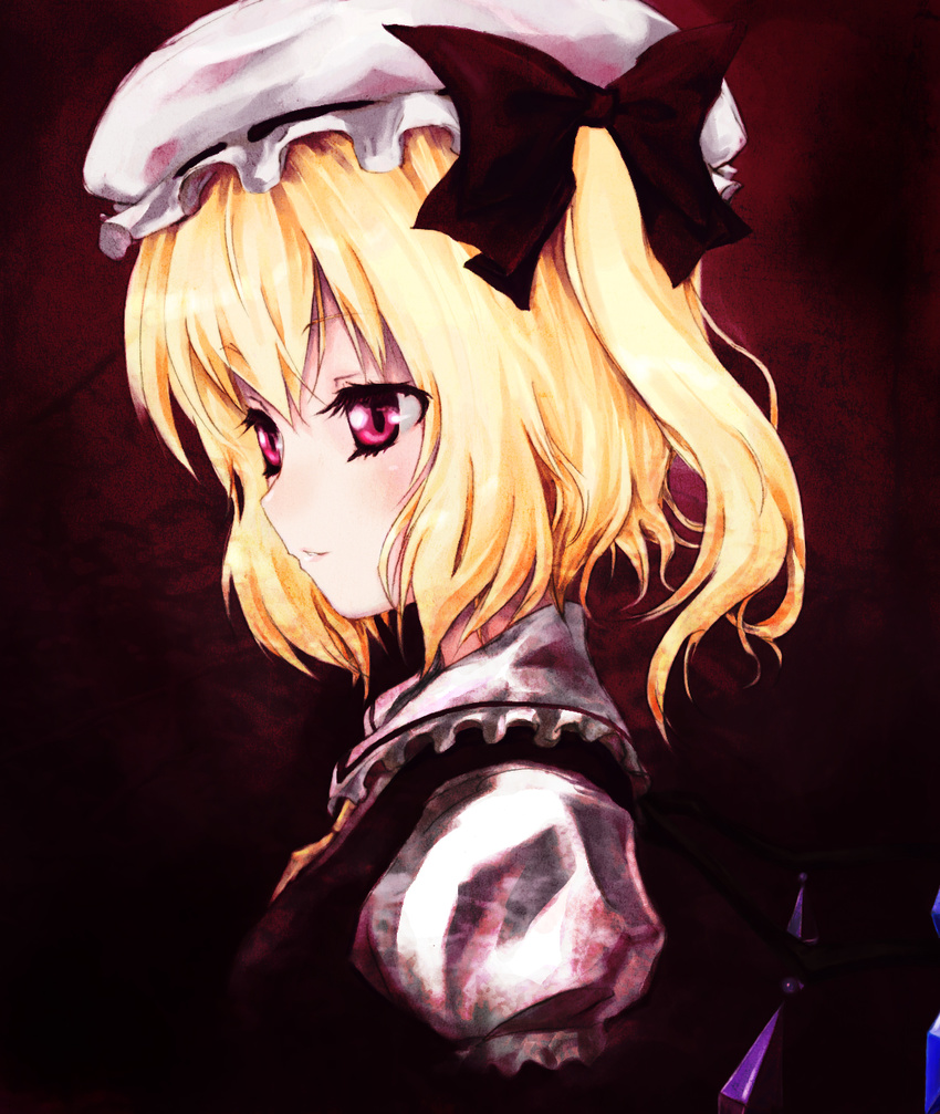 ascot blonde_hair dress flandre_scarlet hat hat_ribbon highres parted_lips pink_eyes pokomi profile red_dress ribbon shirt side_ponytail solo touhou upper_body wings