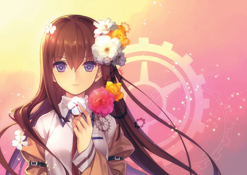 brown_hair flower gears hair_flower hair_ornament long_hair makise_kurisu misti necktie purple_eyes solo steins;gate