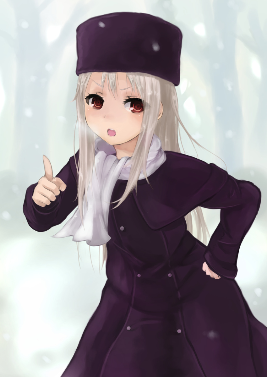 bad_id bad_pixiv_id child fate/zero fate_(series) fujiya_mahiro hand_on_hip hat highres illyasviel_von_einzbern index_finger_raised long_hair open_mouth purple_hat red_eyes scarf silver_hair snow solo white_scarf winter_clothes younger