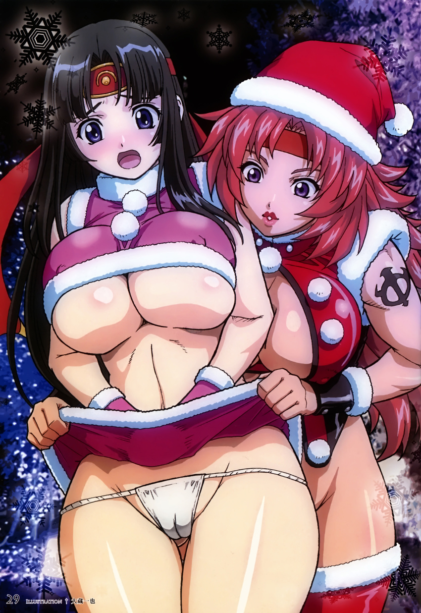 2girls :o absurdres assisted_exposure black_hair blue_eyes blush breasts cameltoe christmas ecchi erect_nipples fundoshi hat highres hips huge_breasts large_breasts lips lipstick long_hair makeup mound_of_venus multiple_girls open_mouth panties purple_eyes queen's_blade queen's_blade red_hair risty santa_hat scan skirt skirt_lift tattoo thigh_gap thighs tomoe underboob underwear very_long_hair white_panties wide_hips