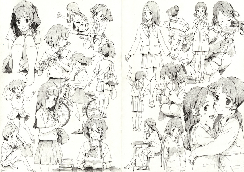 bad_id bad_pixiv_id bag bicycle blazer flute food food_in_mouth ground_vehicle highres instrument ishida_hiroyasu jacket monochrome mouth_hold multiple_girls original school_bag school_uniform serafuku sketch sleeves_rolled_up sweater_vest toast toast_in_mouth vest