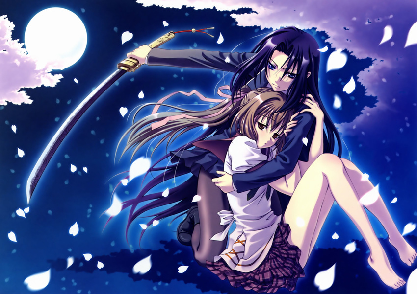 akai_ito arm_grab bare_legs barefoot black_skirt cherry_blossoms feet full_moon hair_ribbon hand_on_shoulder hatou_kei highres hug katana kneeling legs legs_up long_hair miniskirt moon multiple_girls night official_art pantyhose petals plaid plaid_skirt protecting purple ribbon scan school_uniform senba_uzuki sitting skirt sword thighs weapon yasaka_minato