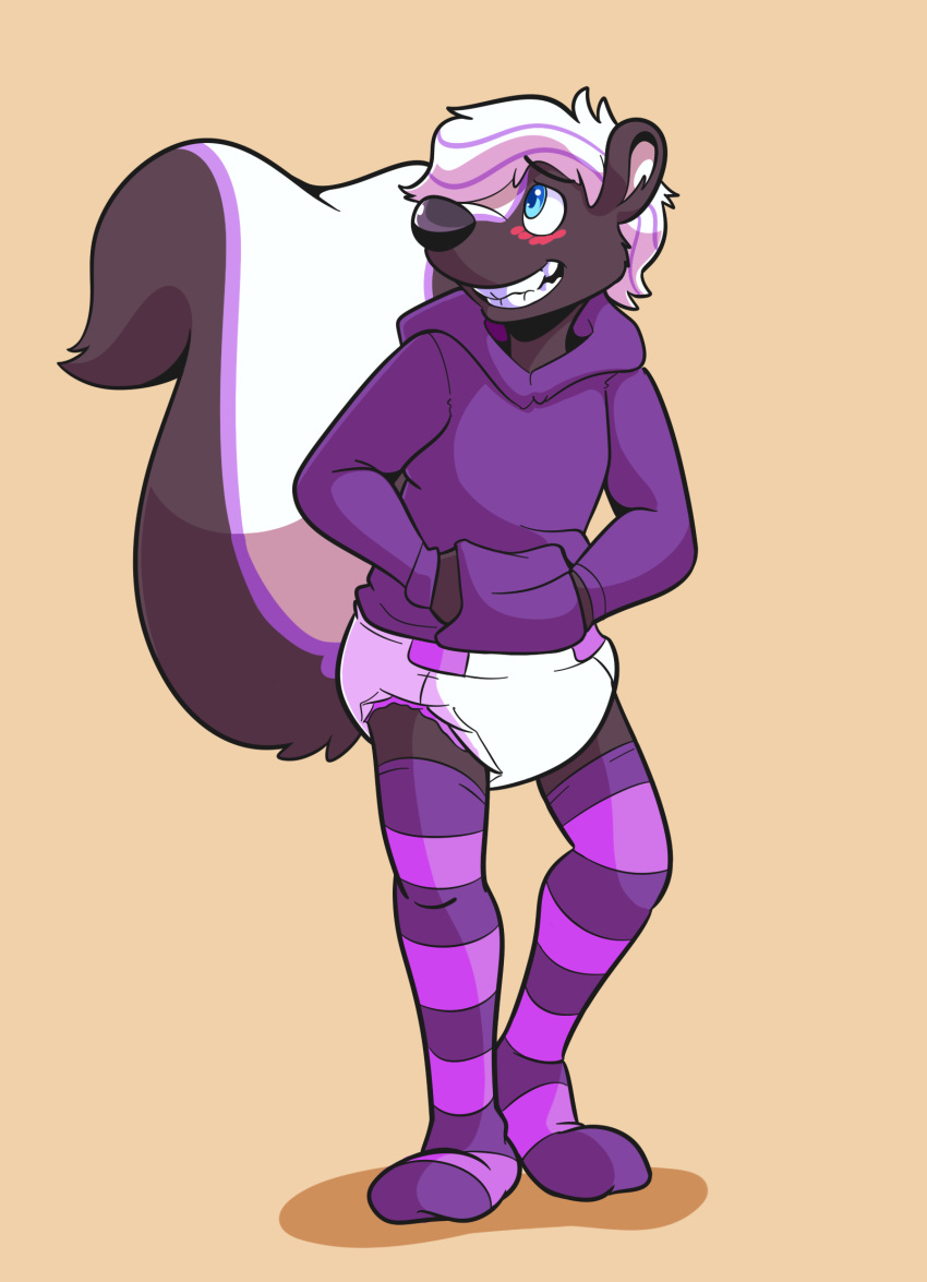 anthro biped black_fur black_nose blue_fur blush clothing diaper embarrassed eyebrows fur hair hoodie igiarin legwear male mammal mephitid myoti open_mouth skunk standing striped_fur stripes teeth thigh_highs white_fur