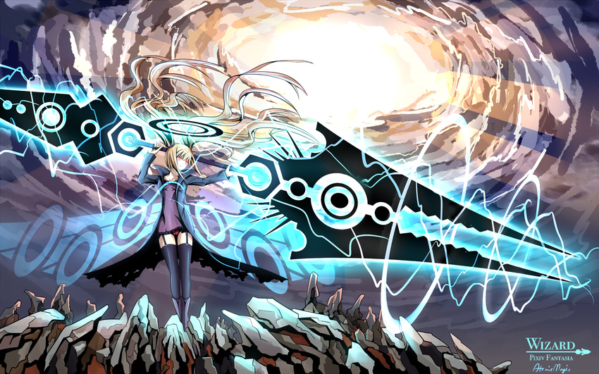 blonde_hair highres huge_weapon langjiao pixiv_fantasia pixiv_fantasia_wizard_and_knight red_eyes solo twintails weapon