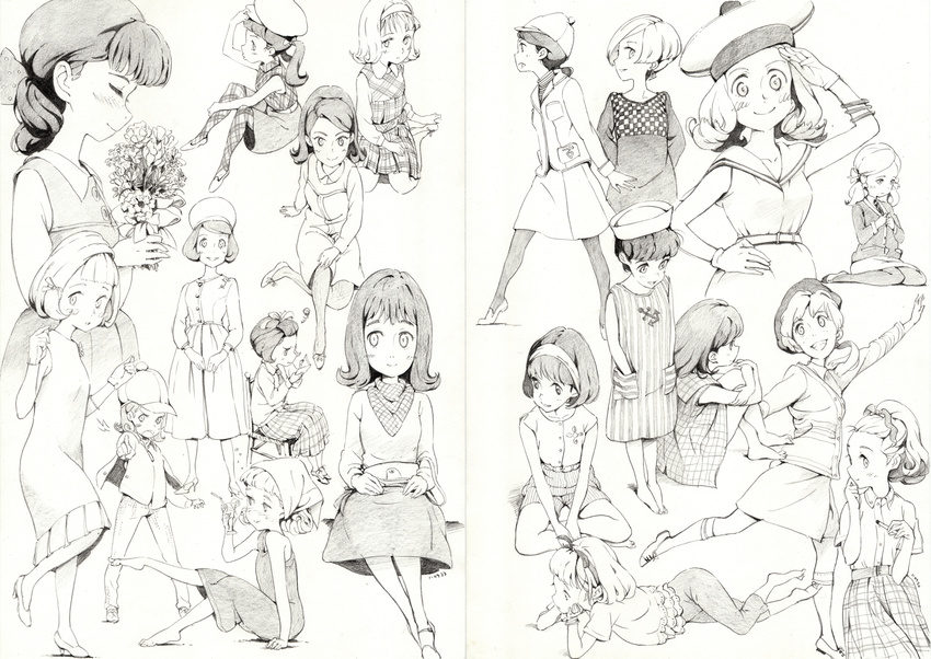 bad_id bad_pixiv_id barefoot blouse fashion hat highres ishida_hiroyasu medium_skirt monochrome multiple_girls original pantyhose sailor_collar sailor_hat shirt shorts sketch skirt