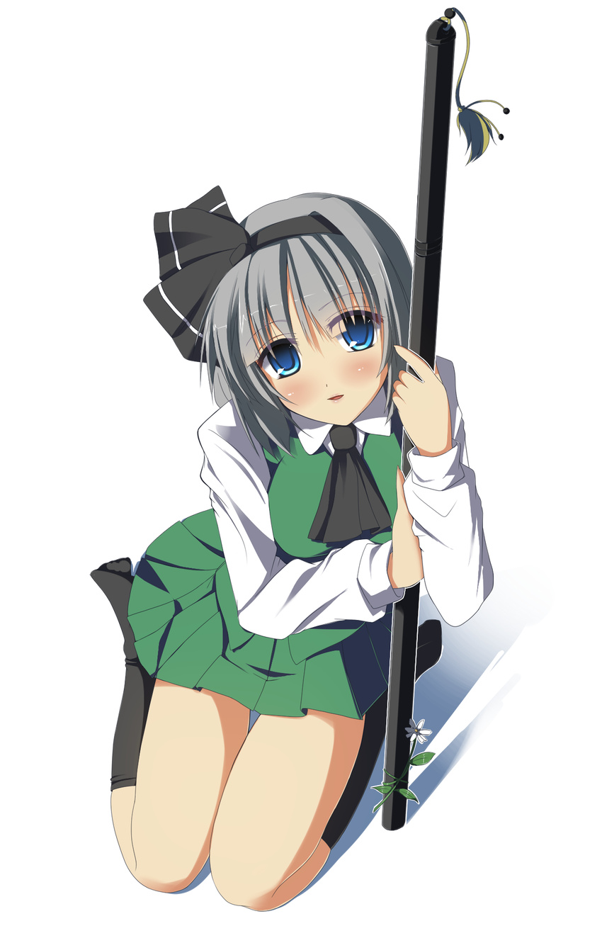 bad_id bad_pixiv_id blue_eyes ebiebiebio hair_ribbon highres katana konpaku_youmu ribbon silver_hair solo sword touhou weapon