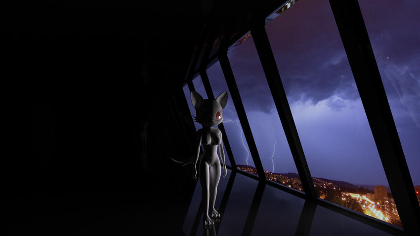 3d breasts destiny_blackmoon feline female fur kittie lightning looking_at_viewer mammal night nude red_eyes solo standing white_fur