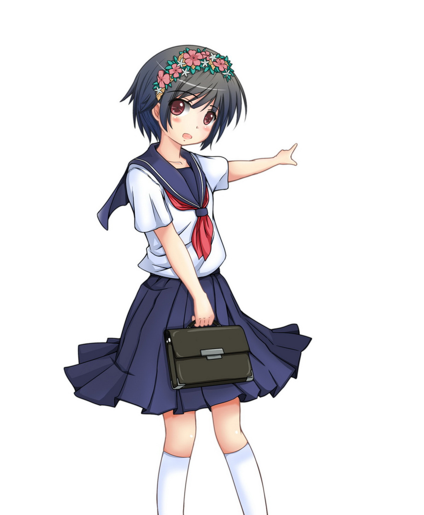 bag black_hair blue_skirt brown_eyes flower hair_flower hair_ornament head_wreath highres medium_skirt pleated_skirt pointing sakugawa_school_uniform school_uniform serafuku short_hair simple_background skirt solo to_aru_kagaku_no_railgun to_aru_majutsu_no_index uiharu_kazari white_background wulock