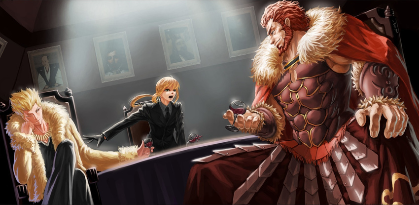 2boys ahoge alcohol armor artoria_pendragon_(all) beard black_gloves blonde_hair cameo chinese_clothes crossed_legs cup cupping_glass drinking_glass earrings facial_hair fate/zero fate_(series) formal fur_coat gilgamesh gloves green_eyes highres japanese_clothes jewelry long_hair mian_guan multiple_boys necktie one_eye_closed open_mouth pant_suit ponytail real_life_insert red_eyes red_hair rider_(fate/zero) saber scrap_iron short_hair sitting suit wine wine_glass