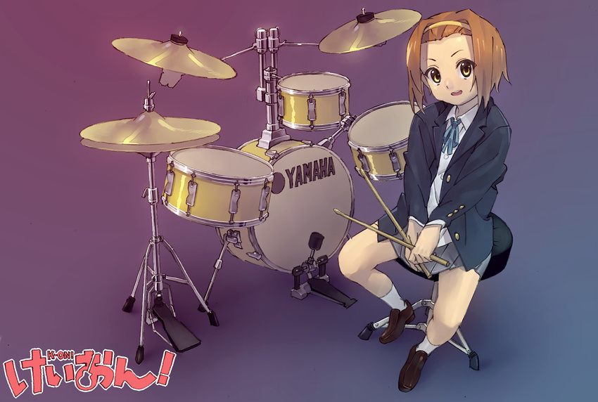 atsuki bad_id bad_pixiv_id blazer brown_hair drum drumsticks highres instrument jacket k-on! loafers school_uniform shoes socks solo tainaka_ritsu white_legwear yellow_eyes