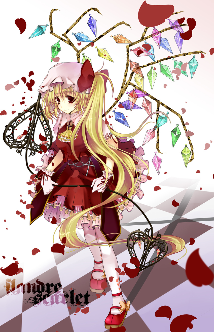 bad_id bad_pixiv_id banned_artist blonde_hair bow checkered embellished_costume flandre_scarlet frills gathers gloves highres laevatein long_hair mary_janes mutsu pantyhose petals ponytail red_eyes ribbon shoes short_hair side_ponytail smile solo tareme touhou very_long_hair white_legwear wings