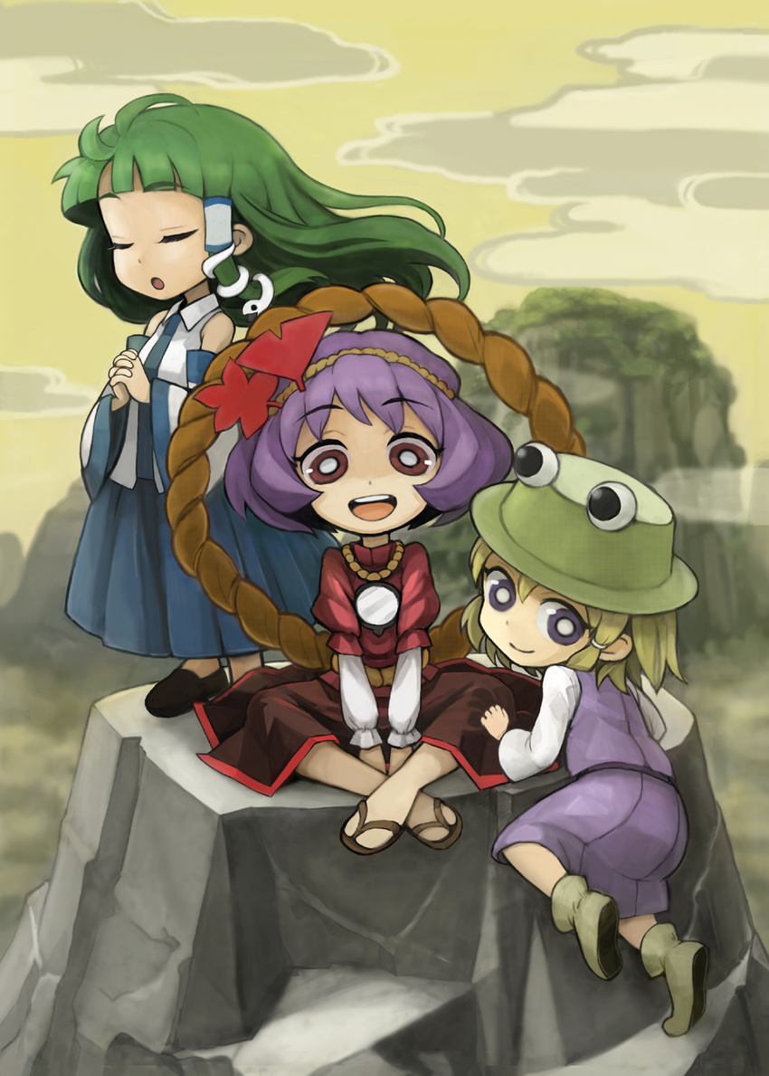 :d bad_id bad_pixiv_id blonde_hair chibi closed_eyes detached_sleeves green_hair hair_ornament hands_clasped hat highres indian_style kochiya_sanae long_hair looking_back mirror mitsuki_(goomoku) moriya_suwako multiple_girls open_mouth own_hands_together praying purple_hair rock sandals short_hair sitting smile snake touhou v_arms yasaka_kanako