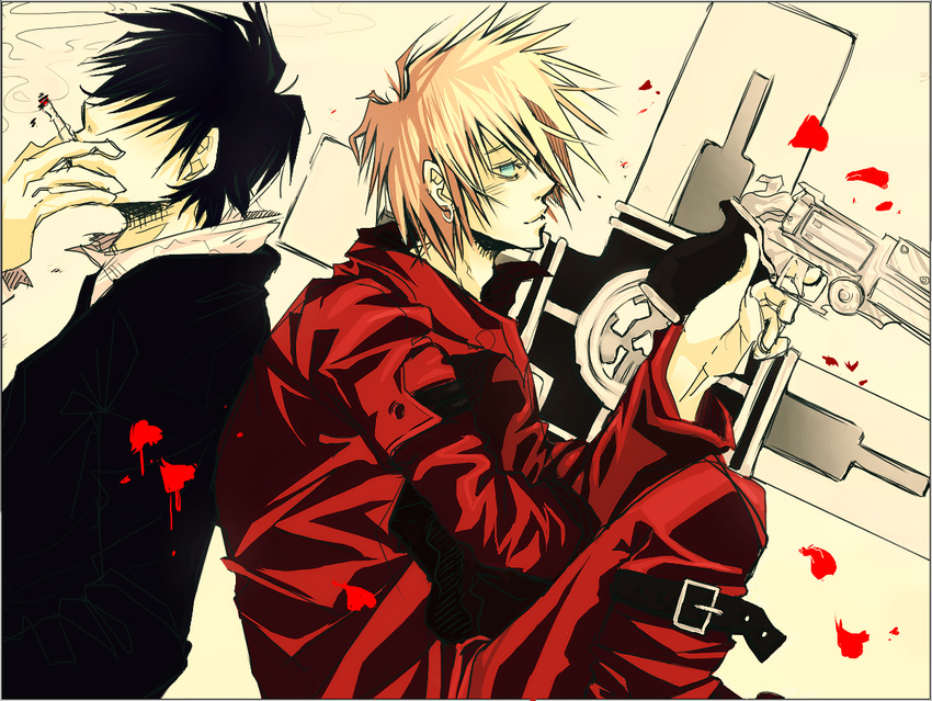 2boys alternate_hairstyle aqua_eyes back-to-back belt black_hair blonde_hair blood cigarette coat cross earrings formal gun handgun jewelry long_coat male male_focus multiple_boys nicholas_d_wolfwood petals red_coat red_jacket revolver sitting smoke smoking suit trigun vash_the_stampede weapon