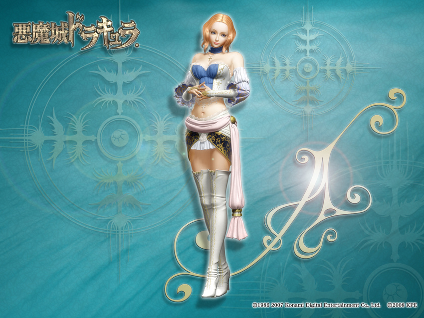 3d angela_(castlevania) blonde_hair blue_eyes boots breasts bridal_gauntlets castlevania castlevania_pachislot choker cleavage corset cross detached_sleeves eyelashes highres initial lace logo medium_breasts midriff miniskirt navel official_art sash short_hair skirt smile solo standing thigh_boots thighhighs wallpaper wavy_hair